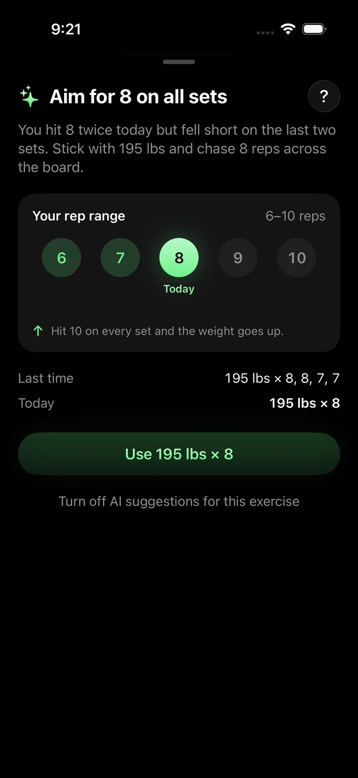 Suggestion sheet: Aim for 8 on all sets, the 6 to 10 rep range with today's target, and a Use 195 lbs × 8 button.