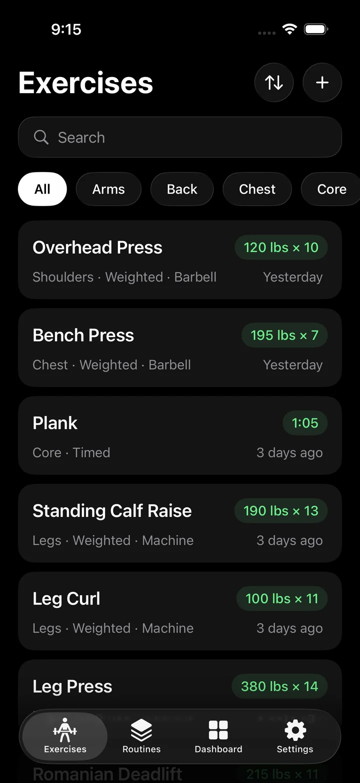 The Exercises list, with the last set for each lift, like Overhead Press 120 lbs × 10.