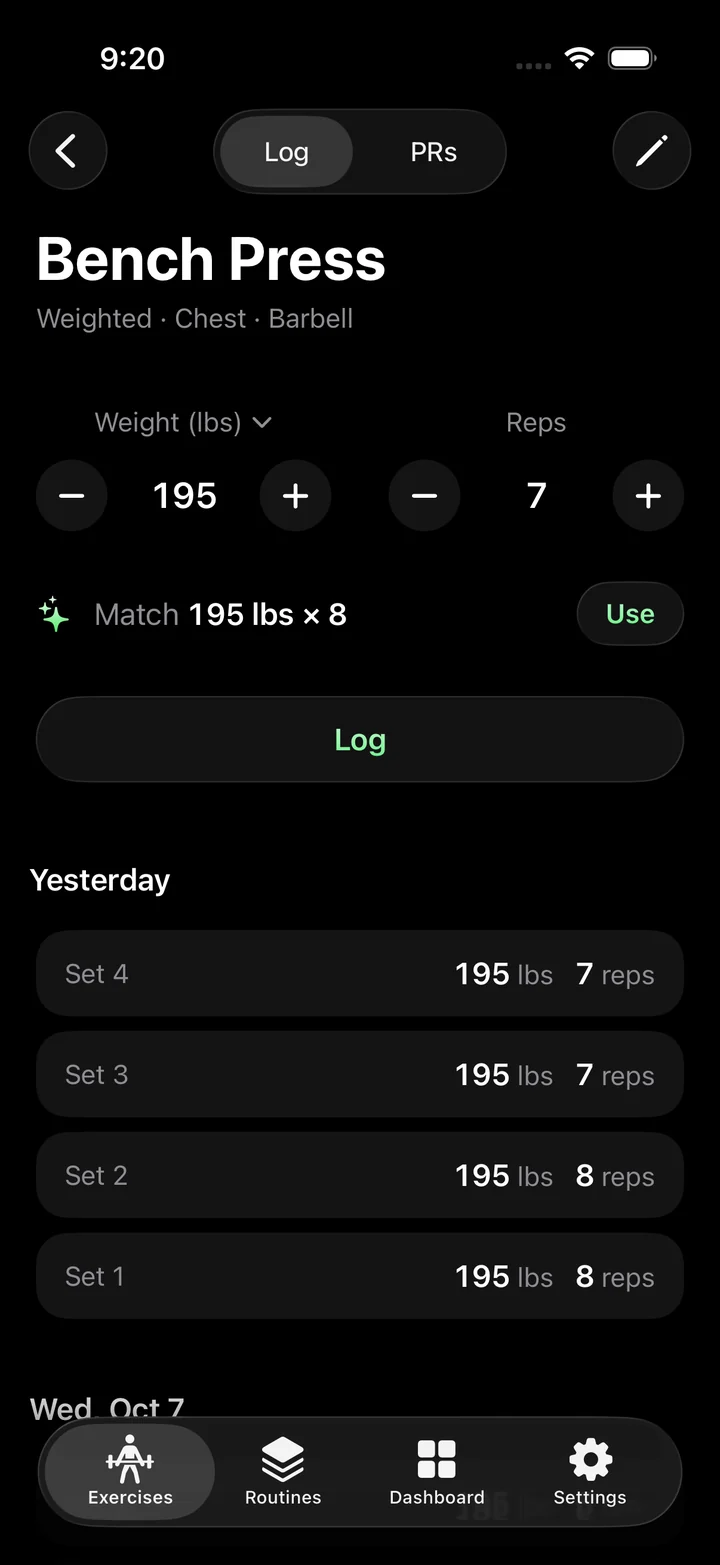 Logging Bench Press: weight and reps steppers, a Log button, and yesterday's four sets underneath.