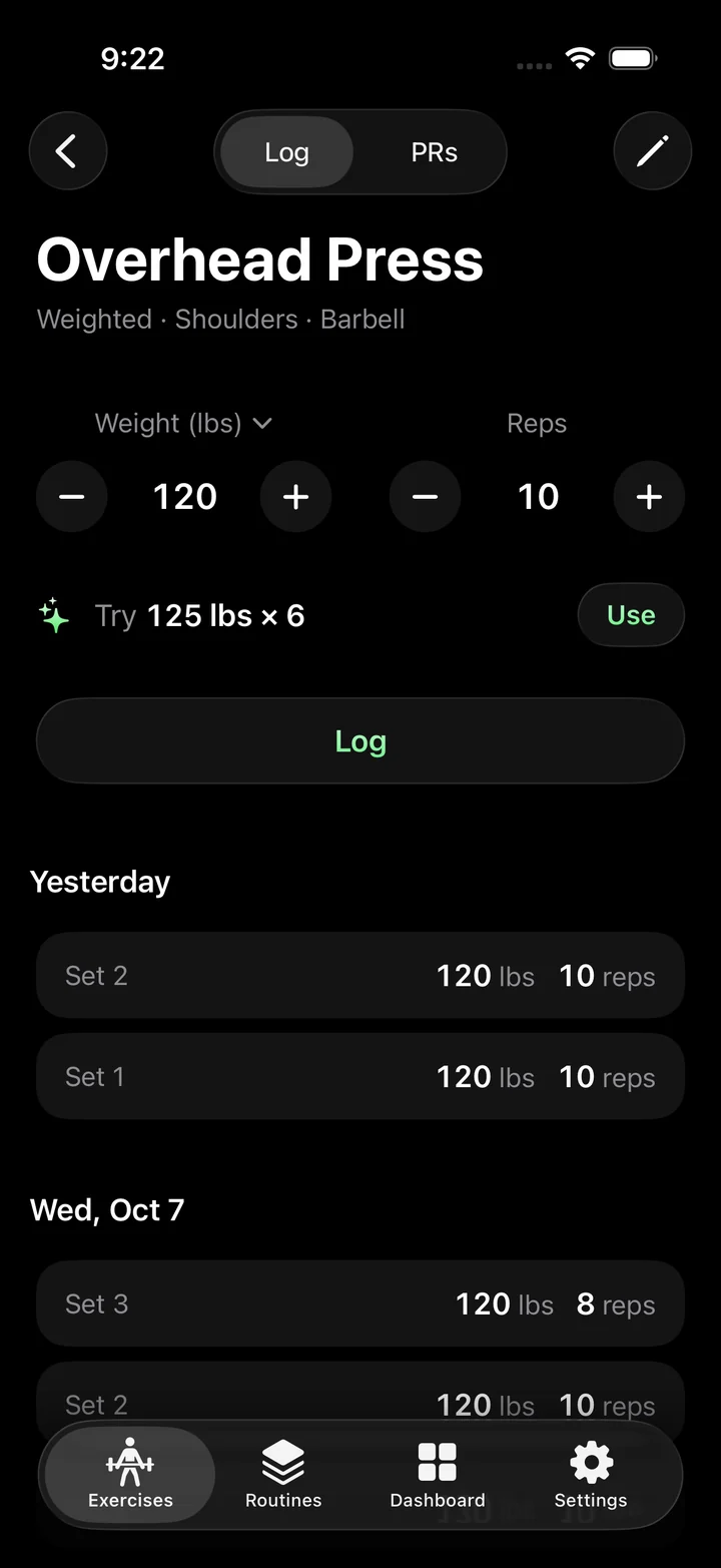 Logging Overhead Press at 120 lbs for 10 reps, with earlier sets listed by day.