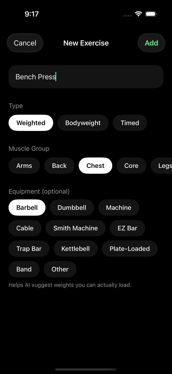 Creating a new exercise: name, type (weighted, bodyweight or timed), muscle group and equipment.