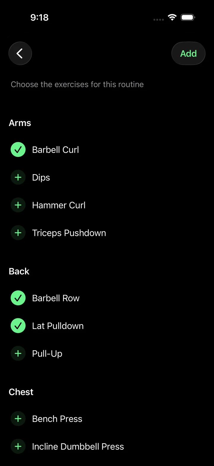 Choosing exercises for a routine, grouped by muscle.