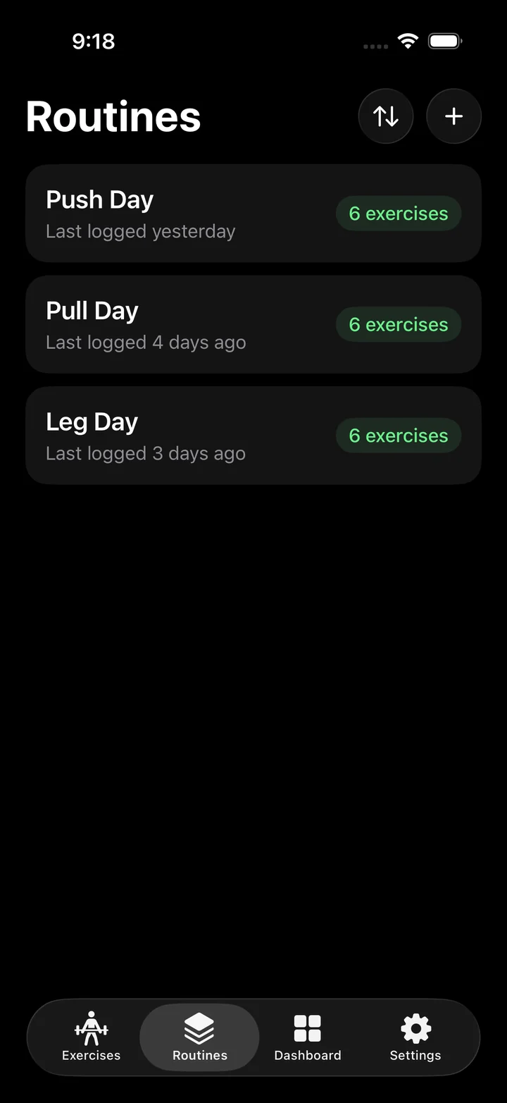 Routines: Push Day, Pull Day and Leg Day, six exercises each, with when each was last logged.
