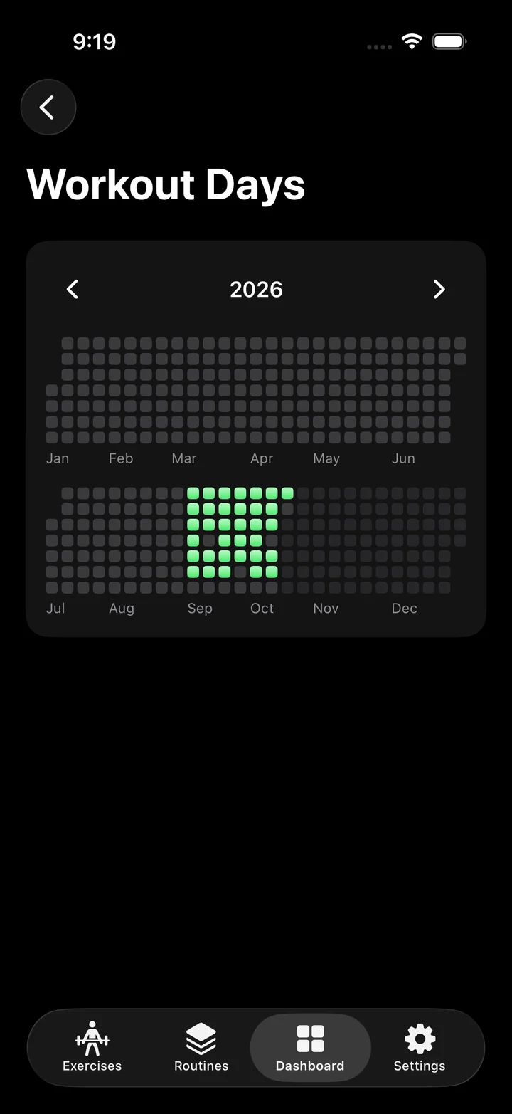 Workout Days: a year of training shown as a grid of squares.